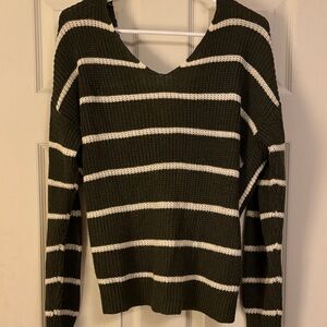 Olive and White Striped V-Neck Sweater with Back Detail